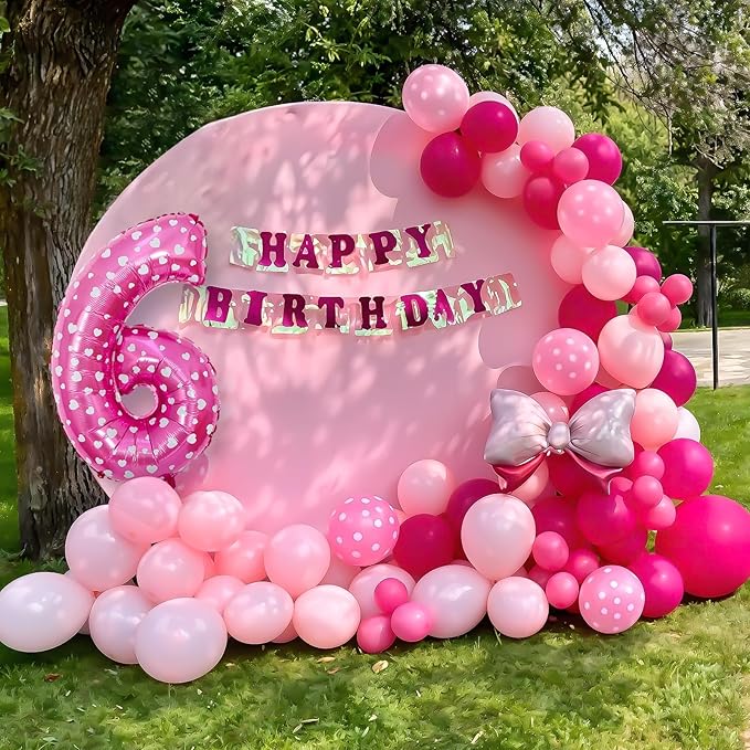 Pink 6th Birthday Balloons Decorations, Hot Pink Rose Polka Dots Balloon Arch Kit, Huge Bow Foil Balloons, pink Number 6 Balloon Tower for Baby Shower Girls Princess 6th Theme Party