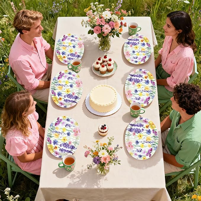 50Pcs Spring Floral Oval Paper Plates 10" x 12" Large Heavy Duty Disposable Flower Vintage Dessert Themed Plates for Spring Summer Floral Holiday Wedding Party Supplies Decorations