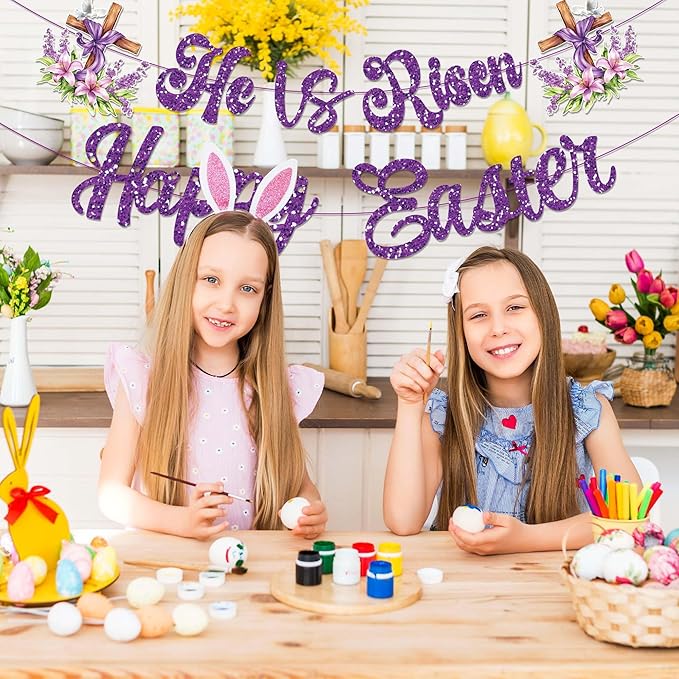 CC HOME Purple Glitter Happy Easter Cross Banner He is Risen Party Hanging Banner Easter Theme Birthday Bridal Wedding Baby Shower Boys Girls Kids Home Classroom Party Supplies Decoration