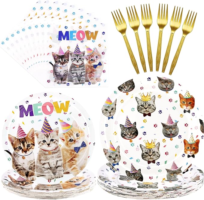 CANREVEL 96 PCS Cat Party Plates Serve 24, Cat Plates and Napkins Forks Set, Disposable Tableware for Birthday Supplies Party Decorations for Grils Women Boys Men