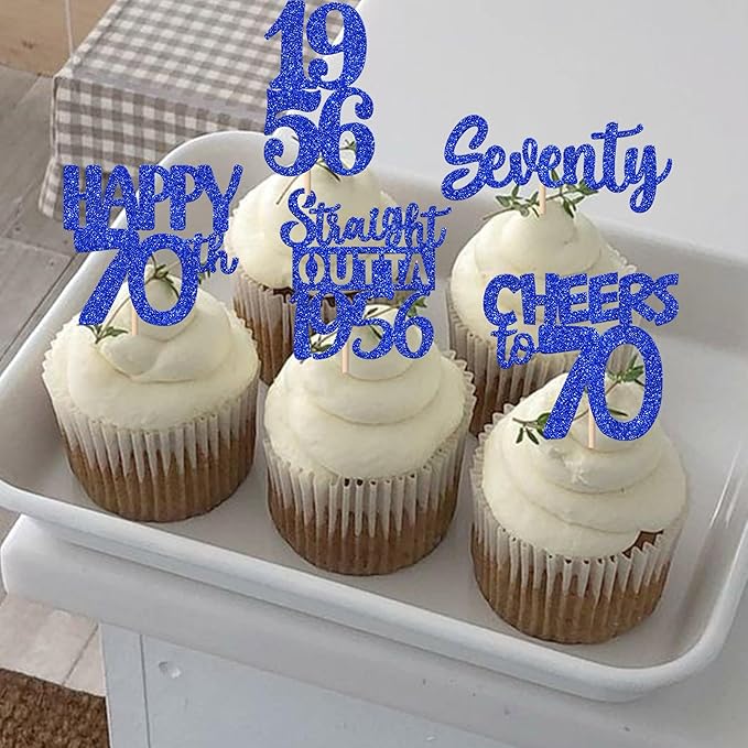 30 PCS 70th Birthday Cupcake Toppers Glitter Seventy Happy 70 Straight Outta 1956 Cupcake Picks for Cheers to 70 Fabulous 70th Birthday Anniversary Party Cake Decorations Supplier Blue