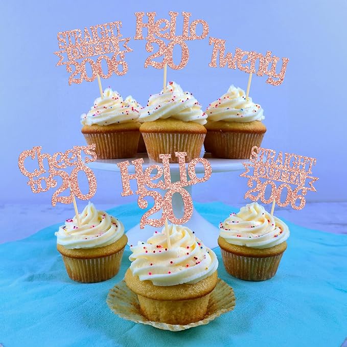 Ephlyn 24Pcs Happy 20th Birthday Cupcake Toppers Glitter Cupcake Picks Hello 20 Cheers to 20 Years Cake Decorations for 20th Birthday Anniversary Party Decorations Supplies Rose Gold