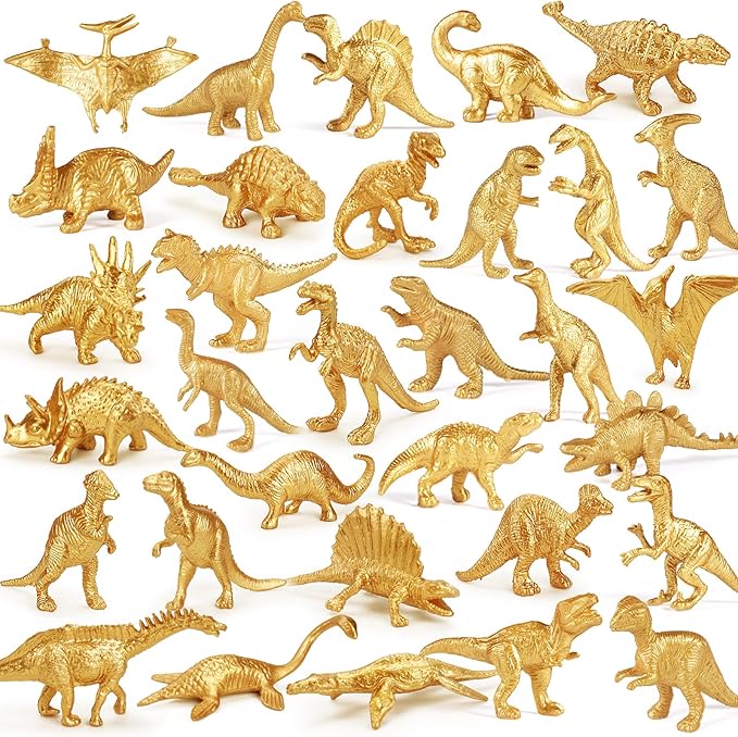 Gold Plastic Mini Dinosaur Figures Toys 48PCS Party Favors Supplies Birthday Dino Cupcake Toppers Prizes Box Toddler Kids Goodie Bags Pinata Easter Eggs Filler Basket Stuffer Classroom Prizes Bulk Toy