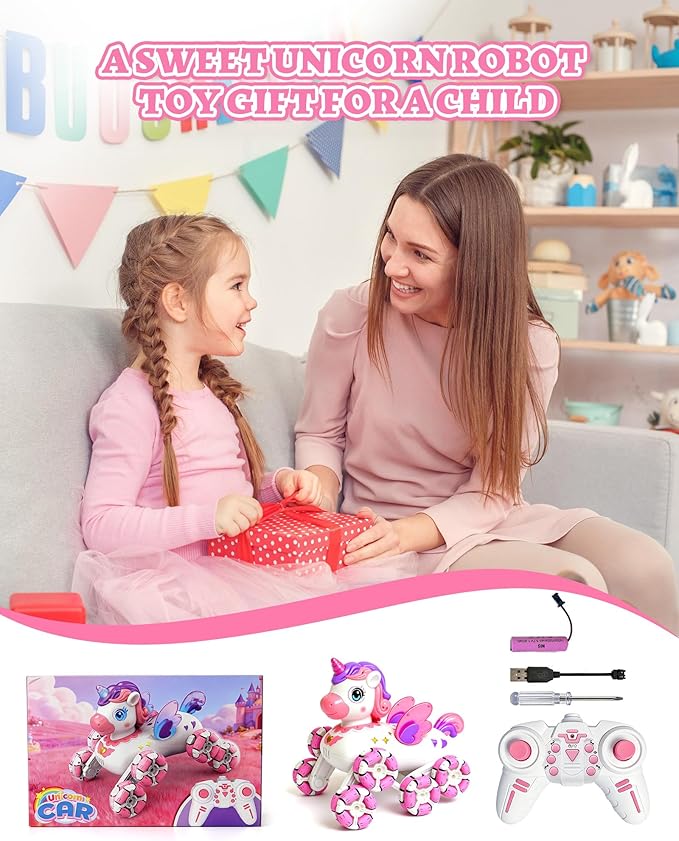 Remote Control Pink Robot Unicornios Pet - 8 Wheels Drift Race Outdoor Off-Road Car with 2.4Ghz 360°Automatic Demonstration Wings&Eyes Lights&Music, Birthday Toy Gift for 3+ Years Old Girls