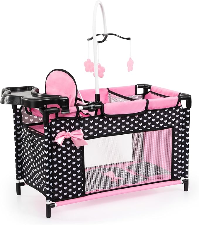 Bayer: Multi Bed - Black, Pink, Hearts - Accessory Set for Dolls Up to 18", Built-in High Chair, 3 Hangers, Pillow, Blanket, Kids Ages 3+