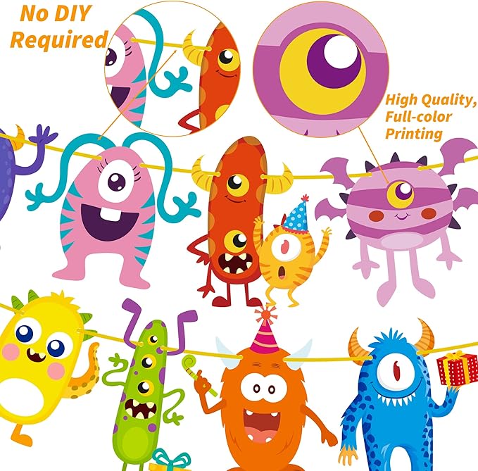 Little Monster Banner & Garland - Monster Theme Party Supplies for Birthday & Baby Shower