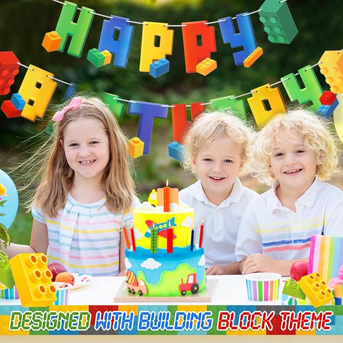 Sosation 32 Pcs Building Block Party Supplies Building Block Birthday Banner Candles Block Party Centerpiece Happy Birthday Decorations Brick Themed Party Favors for Boys Girls