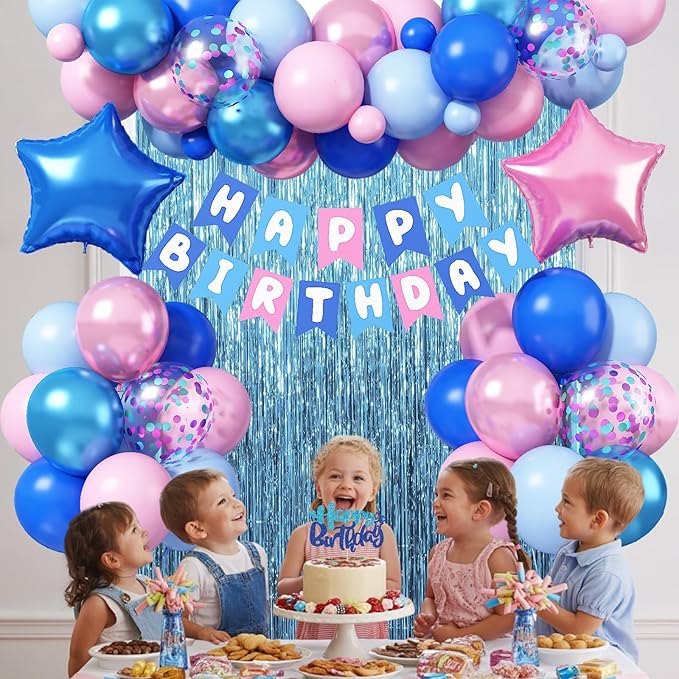 Pink and Blue Birthday Decorations, Royal Light Blue Pink Metallic Purple Confetti Latex Foil Balloons Happy Birthday Banner Fringe Curtain for Boys Girls Wedding Baby Shower Party Decoration Supplies