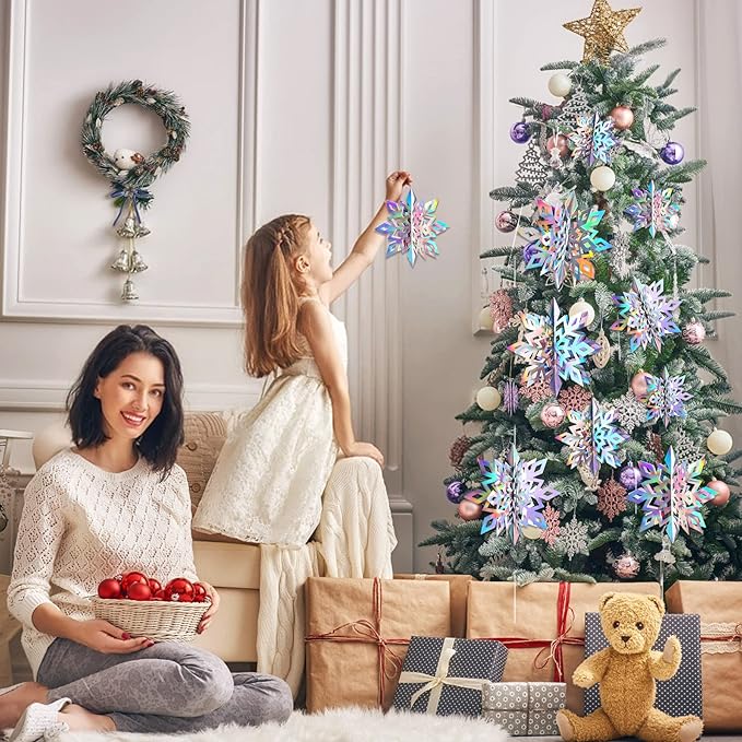 JULMELON 15Pcs Frozen 3D Hanging Snowflakes Decorations, Holographic Snowflakes Garland Silver Snowflakes for Winter Wonderland Decorations Frozen Birthday Party Supplies