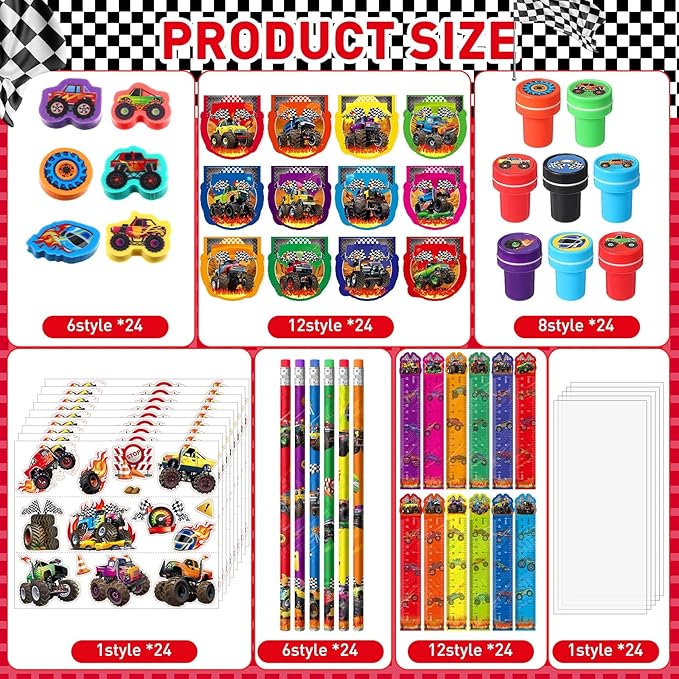 Cholemy 144 Pcs Monster Truck Party Favors Truck Party Supplies School Stationery Set Notebook Sticker Stamper Eraser Ruler Pencil Bag for Birthday Baby Shower Gifts Classroom Prize(Colorful,Monster)