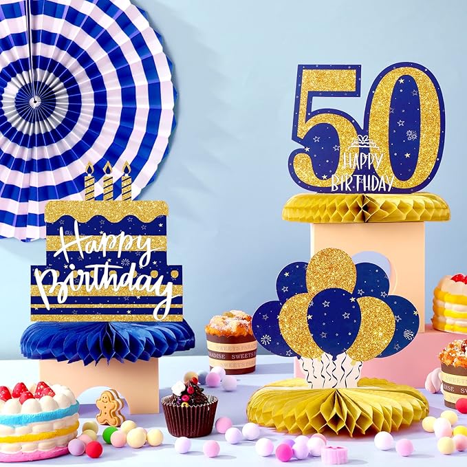 Spakon 8 Pieces Blue Gold 50th Birthday Table Decorations 50th Birthday Honeycomb Centerpieces Glitter Table Toppers Blue and Gold Party Decorations for Men and Women Party Supplies