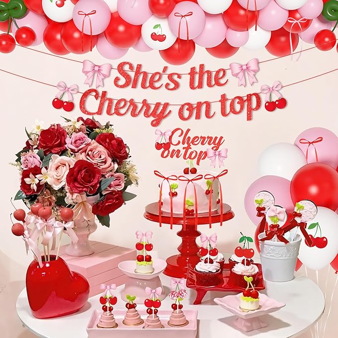 Cherry Party Decorations She's The Cherry On Top Banner Summer Fruit Cherries Themed Decor with Bow Cake Topper Pink Red White Balloons Fringe Curtains for Birthday Baby Shower Wedding Bridal Shower
