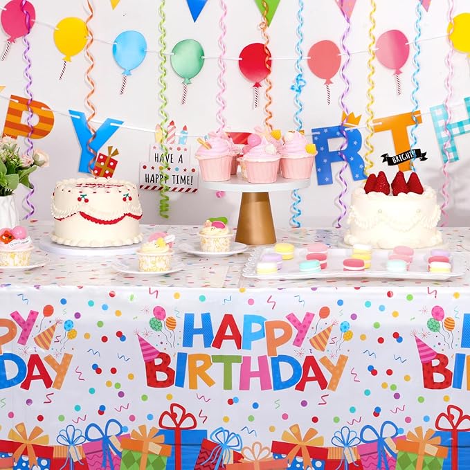 6 Pack Plastic Birthday Tablecloth, 54 x 108 Inch Disposable PE Happy Birthday Party Tablecloths Waterproof Rectangle Party Table Cover for Birthdays Parties Decor