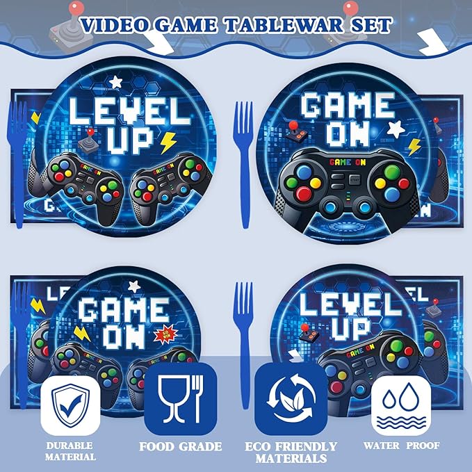 96 Pcs Video Game Plates and Napkins Tableware Set (Serve 24), Video Game Birthday Party Decorations, Party Supplies Include Plates Napkins Plastic Forks for Party (Blue)