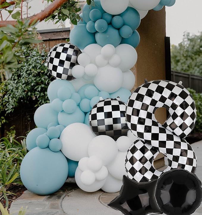 40 Inch Checkered Number Balloon 8 Black and White Race Car Birthday Balloons Baby Hippie Smile Party Shower Boys 8th Birthday Race Car Theme Party Decor Supplies 5 Pcs