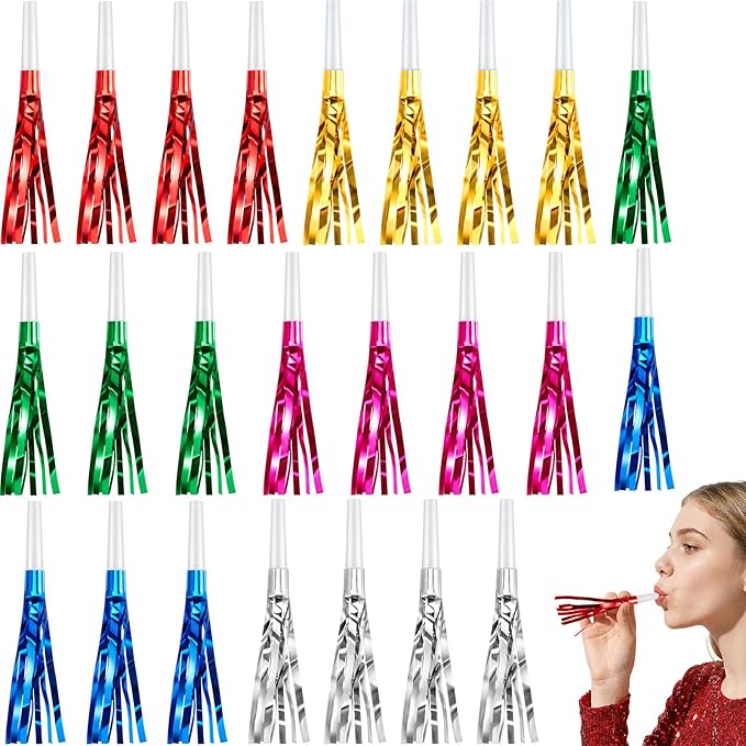 Sumind 24 Pcs Multicolor Noise Makers Glitter Noise Makers Metallic Fringed Party Blowers for Adults Birthday Graduation Sporting Events 2026 New Years Party Favor Supplies