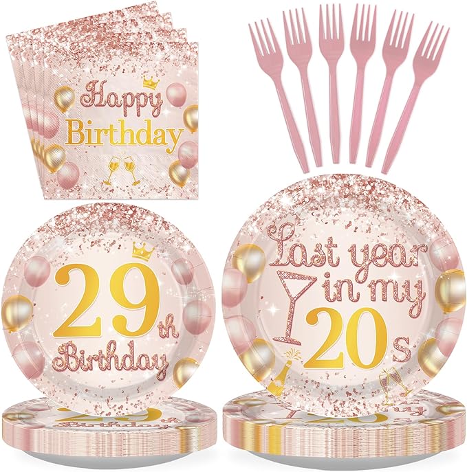 96Pcs 29th Birthday Party Decorations for Women Rose Gold 29th Birthday Plates and Napkins Last Year In My 20s Decorations for Women Lady Her Cheers to 29 Years & 29 Fabulous Party Supplies Serves 24