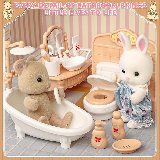 Suitcase Dollhouse Furniture Set for Kids, Mini Dollhouse Box with 2 Flexible Dolls and Bedroom&Bathroom Furnitures, Pretend Play Accessories Christmas Birthday Gift for Toddlers Ages 3+