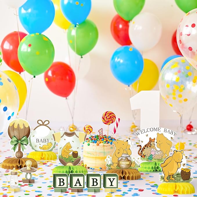 Cute Winnie Honeycomb Centerpieces - 12PCS Cute Winnie Baby Shower Party Honeycomb Centerpieces Welcome Baby Party Table Decorations Bear Theme Babies Shower Table Topper for Boys Girls