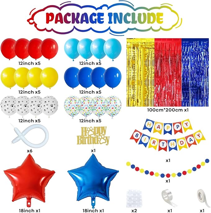 Birthday Decorations for Boys, Dog Party Decorations Red Yellow Light Blue Star Foil Balloons Happy Birthday Banner Fringe Curtain Backdrop for Kids Boy Carnival Cartoon Theme Party Supplies