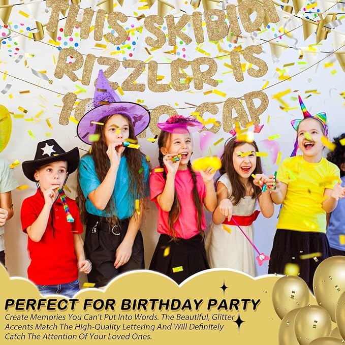 Fulmoon Pre Strung This Skibidi Rizzler Is 10 No Cap Glitter Banner 10th Birthday Party Decorations, Funny Birthday Sign, Party Supplies, Ideas, Gifts (Champagne Gold)