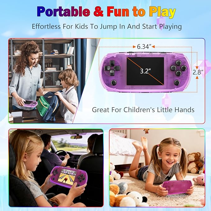 16 Bit 3.2" IPS Large Screen Handheld Game Console for Kids Preloaded 100 Retro Video Games, Portable Gaming System Rechargeable Battery, Mini Travel Electronic Toy Gifts for Boys Girls (Purple)