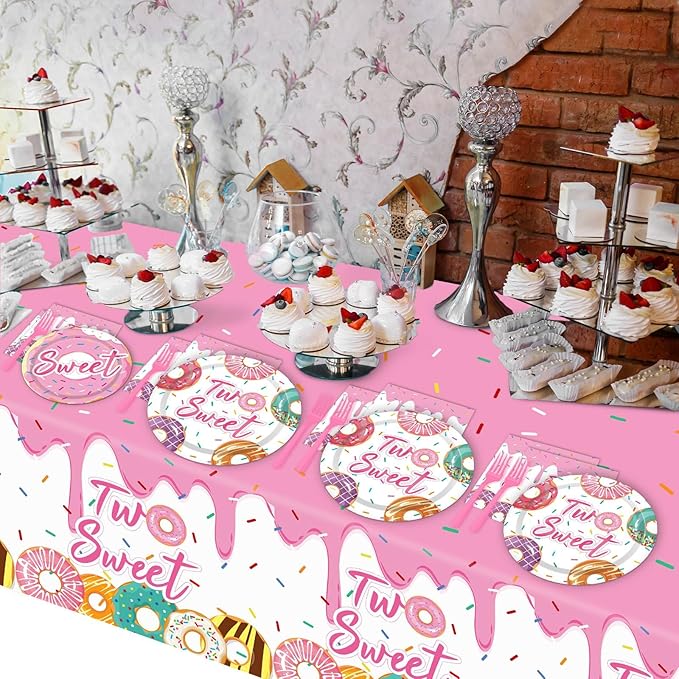 ZOIIWA 98 Pieces Two Sweet Donut Birthday Party Supplies for 24 Guests Girls Donut Tableware Set Baby Girl 2nd Birthday Paper Plates Napkins Tablecloth Decorations Table Cover Dinnerware Party Favors