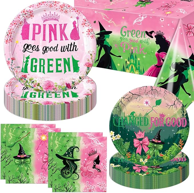 41pcs Witch Party Decorations Include 10pcs Pink Plates, 10pcs Green Plates, 20pcs Napkins, Tablecloth for Pink and Green Birthday Decorations