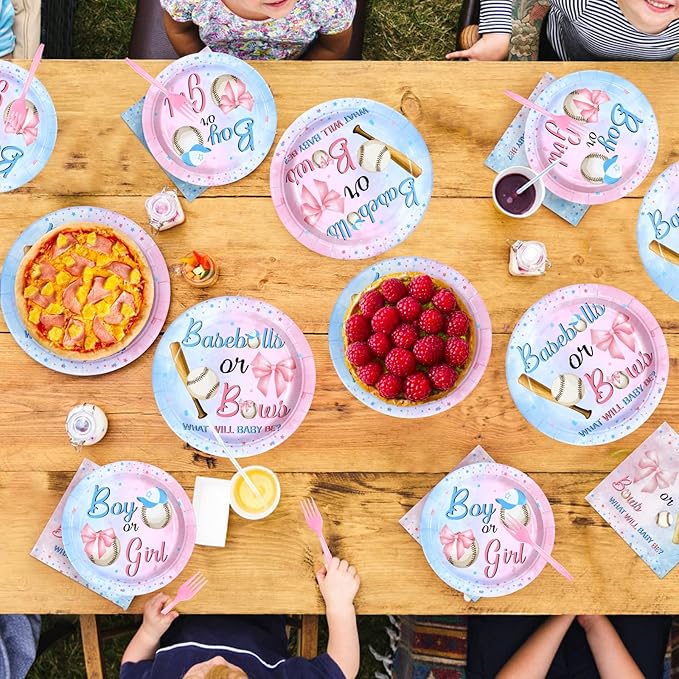 96 Pcs Baseball or Bows Gender Reveal Decorations Disposable Boy or Girl Gender Reveal Party Supplies Blue Pink Baseballs Themed Paper Plates and Napkins for Pregnancy Announcement Supplies，Serves 24