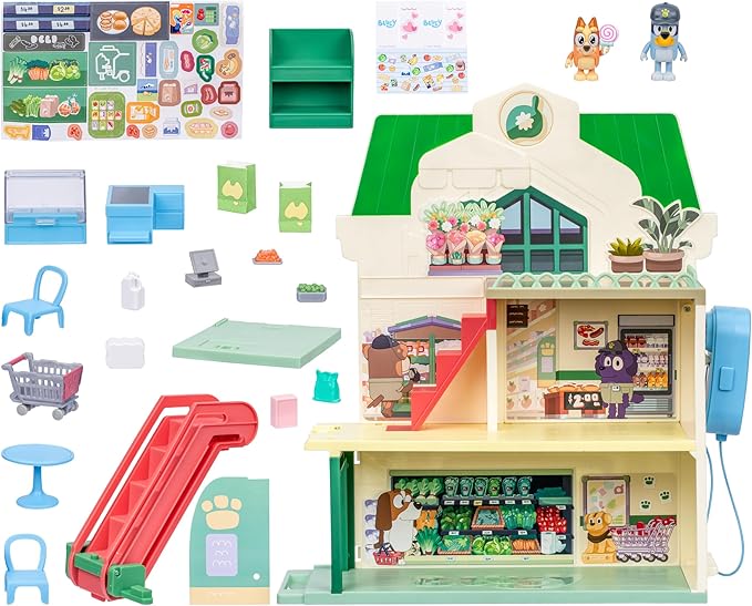 Bluey and Bingo Supermarket Playset with Escalator, Pretend Play Toys for Toddlers, Sounds and 15 Pieces, Bluey Grocery Store Playset