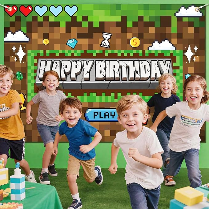 Pixel Birthday Party Decorations Pixel Video Game Banner for Miner Birthday Party Backdrop Photo Background Wall Decor Mining Party Supplies