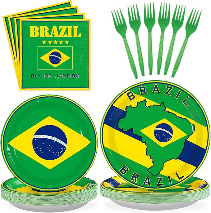 96 Pcs Brazil Flag Birthday Party Supplies Brazil Flag Party Plates and Napkins Disposable Brazilian Flag Tableware Set for Brazil Party Decorations Patriotic Event Birthday Family Gathering Serves 24