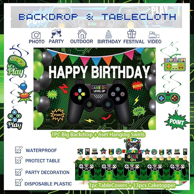 77Pcs Video Game Birthday Party Decorations Kit – Gamer Party Supplies with Happy Birthday Backdrop, Hanging Swirls, Foil Balloons, Colorful Balloons, Table Cover & Cake Topper for Game Theme Party