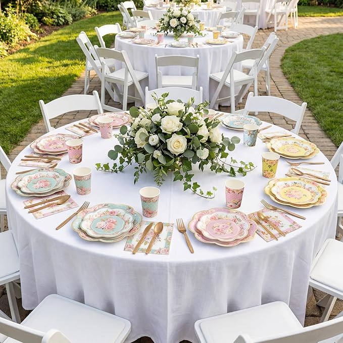 350 Pcs Tea Party Supplies Spring Summer Tableware Set Disposable Plates Napkins Paper Cups Plastic Cutlery Set For Birthday Bridal Baby Shower Serves 50 (Floral,Multicolor)