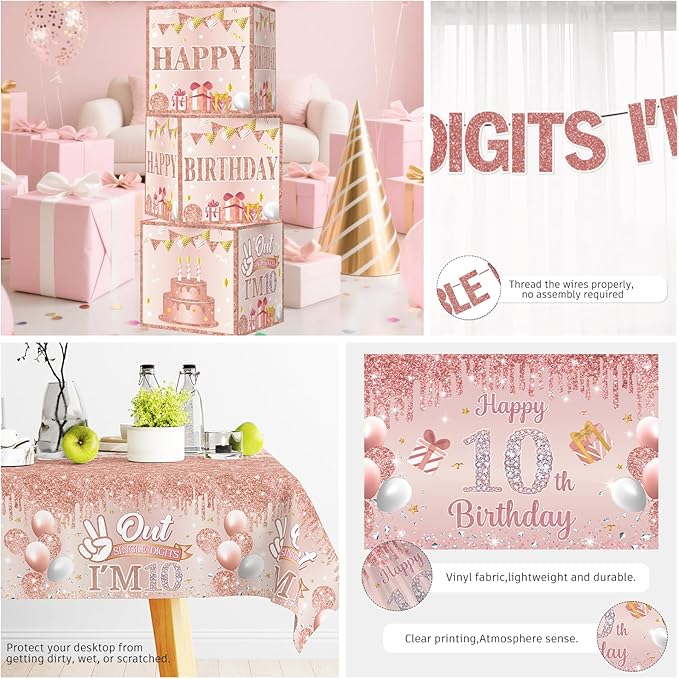 10th Birthday Decorations for Girl, Double Digits Birthday Girl 10 Years Old Double Digits I'm 10 Banner Balloons Garland Arch Backdrop Sash Plates and Napkins Set Ten Birthday Party Supplies