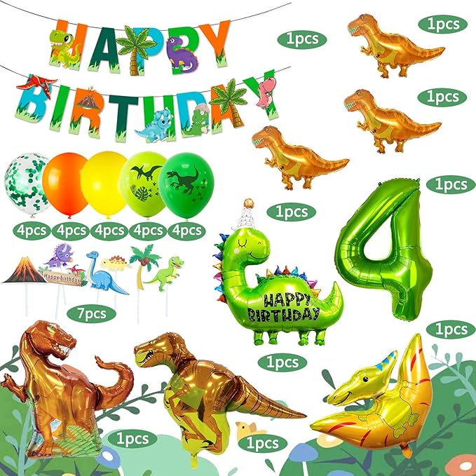 Dinosaur Birthday Party Supplies - Dinosaur Decorations, Foil Balloons, Banner & Cake Topper for 4 Year Olds