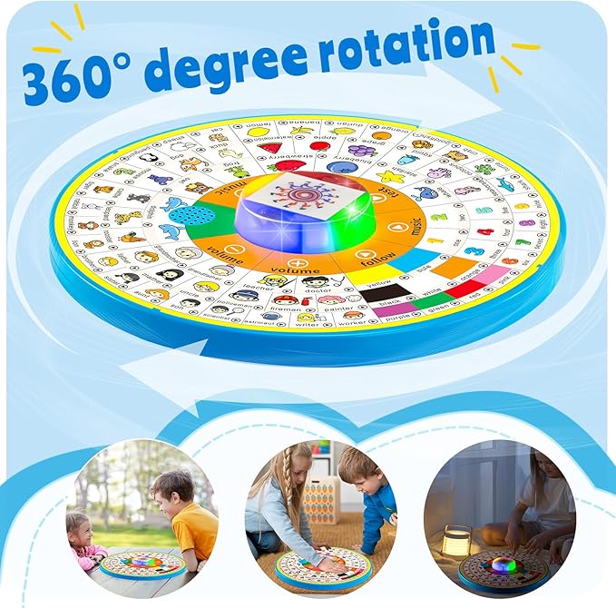 Age 1 2 3 Toddler Learning Words Pronunciation Machine,12 Month+ Kids Early Education Toys,Children Electronic Interactive Point Reader,with Music & RGB Lights,12.83inch Diameter Rotating Wheel