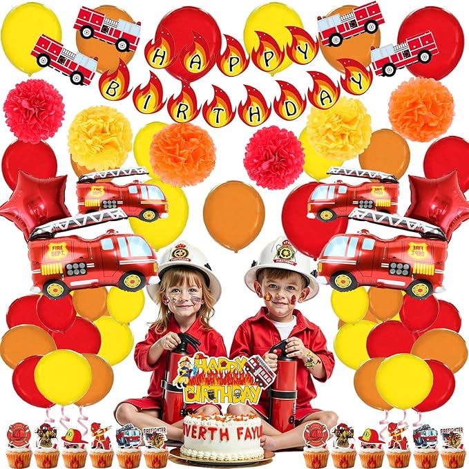Fire Truck Birthday Party Decorations Kit – Firefighter Party Supplies with Happy Birthday Banner, Fire Truck Foil & LatexBalloons, Table Cover, Cake Toppers & Tattoo Stickers Perfect for kids Party