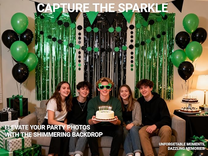 3 Packs Green Black Foil Fringe Curtains Green Birthday Decorations Streamer 9.9ft Wide for Wedding Party Backdrop Bridal Shower Tinsel,Birthday Party Door Cover Each 3.3 x 6.5 ft