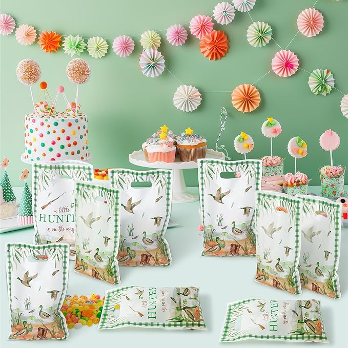 50Pcs Mallard Duck Baby Shower Party Favor Bags, A Little Hunter Is On The Way Plastic Goody Candy Treat Bags Party Decorations for Boys Girls Baby Shower Birthday Supplies