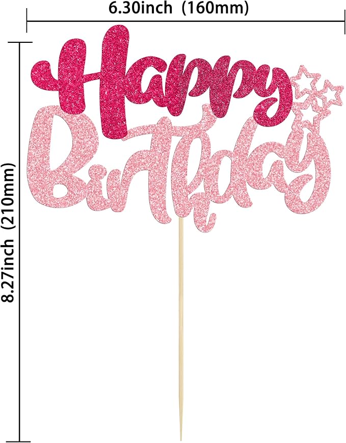 Ephlyn 1Pcs Glitter Happy Birthday Cake Topper for Celebrating Anniversary Theme Party Cake Decorations Supplies Rose Red Pink