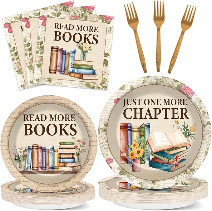 96Pcs Reading Theme Party Supplies Read More Books Paper Plates and Napkins Book Themed Birthday Decorations Vintage Reading Disposable Tableware Set for Birthday Picnic BBQ Baby Shower Serves 24