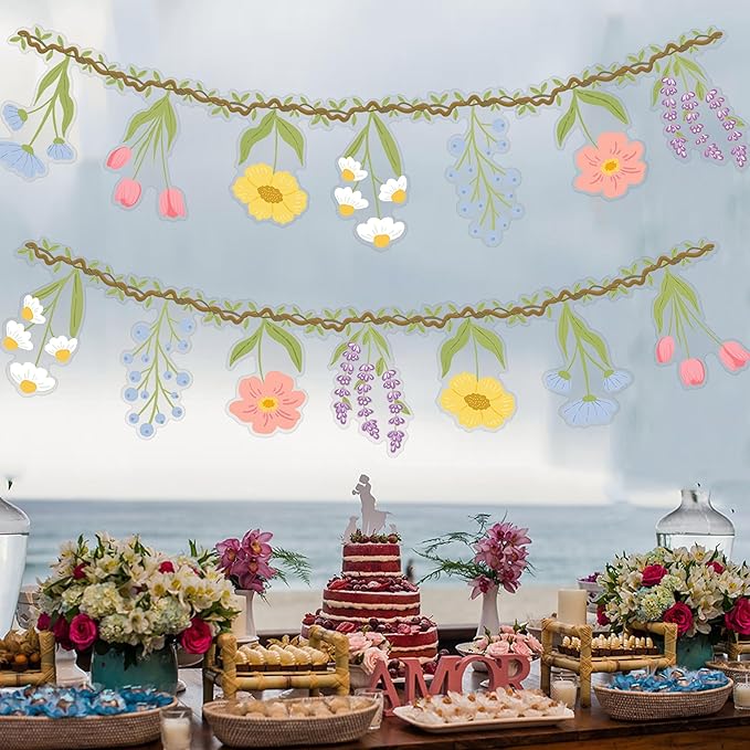 Flower Party Banner Wildflower Garland Spring Floral Party Decorations 2PCS Enchanted Garden Hanging Banner Decor for Flower Theme Wedding Wild One Birthday Baby Shower Valentine's Supplies