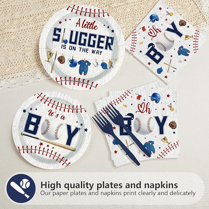 Grencian 96 Pcs Baseball Baby Shower Party Supplies It‘s A Boy Paper Plates Napkins A Little is on The Way Plates Baseball Theme Baby Shower Party Decorations for Boy Serves 24