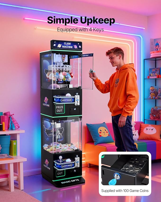 VEVOR Claw Crane Machine, Medium-Sized Arcade Game Machine with Claw + Grabber Double-Layer, Light & Sound, Toy Candy Grabber Prize Dispenser Vending Toy, for Commercial Home Cinema, Black Purple