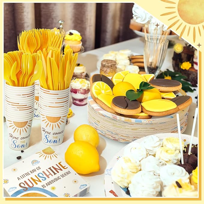 Dandat 350 Pcs Baby Shower Plates Set Baby Shower Party Supplies Serves 50 Tableware Sets Include Plates Napkin Cup Forks Knives Spoons Disposable Dinnerware(Son,Yellow)