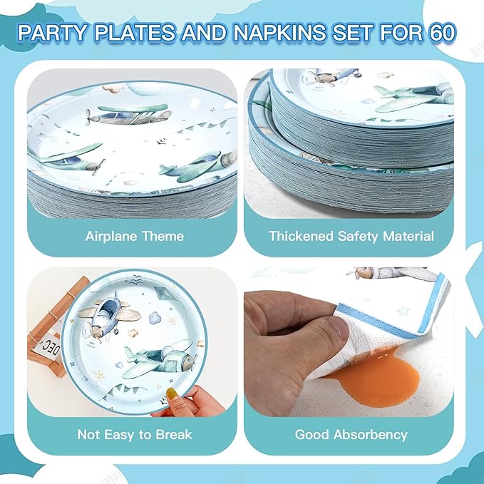180Pcs Airplane Shower Party Supplies Paper Plates and Napkins Serve 60 Disposable Tableware Set for Birthday Party Decorations Game Day Family Holiday Sports Events