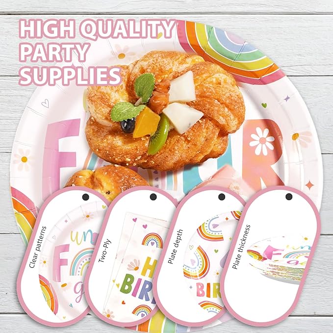 96Pcs Boho Rainbow 4th Birthday Decorations Pastel Rainbow Birthday Plates and Napkins Colorful Un Four Gettable Decoration Favors for Kids Girls 4 Years Old Bday Princess Party Supplies Serves 24