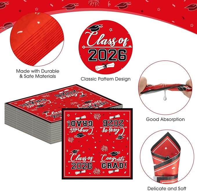 50 Pcs Graduation Napkins Class of 2026 - Red Congrats Grad Napkins Set, 3-Ply Disposable Graduation Luncheon Dinner Party Paper Napkins for Grad Party Supplies Table Decoration