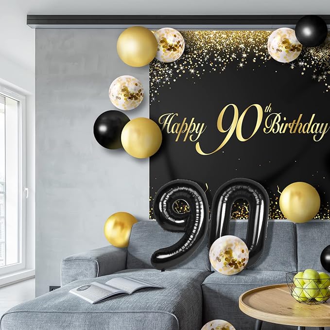 Happy 90th Birthday Balloons Black Set Decor - Cheers to 90 Years Old Party Theme Garland Banner Backdrop Decorations For Women and Men Supplies